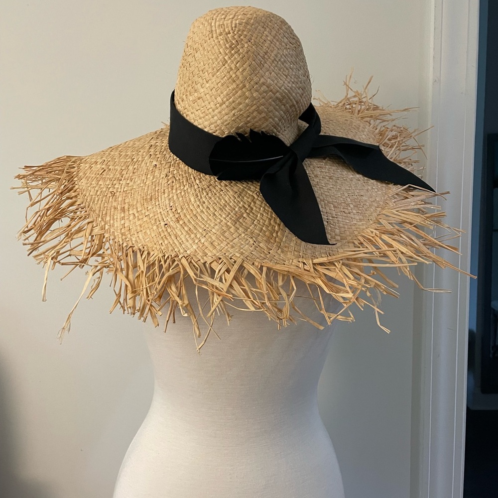 GIGI BURRIS MILLINERY ETE NATURAL feather grosgrain ribbon frayed straw hat - Picture 3 of 15